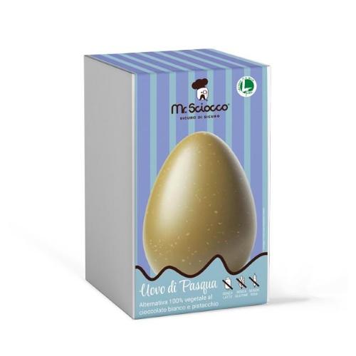Uovo di Pasqua ALTERNATIVA 100% VEGETALE al cioccolato bianco e pistacchio con granella di pistacchio - 300g Mr. Sciocco